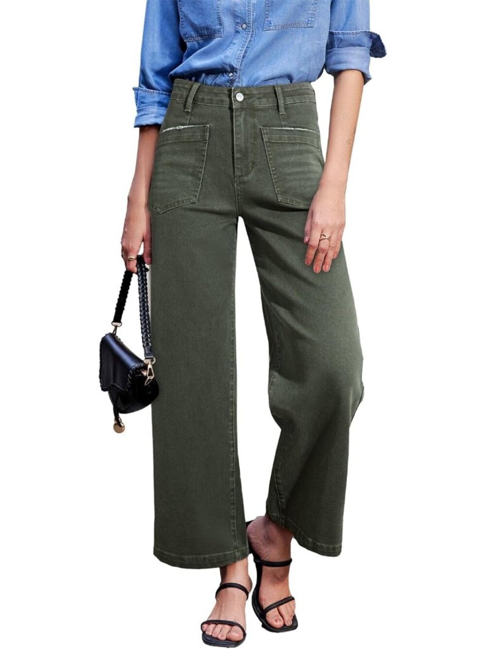 Women's Green Wide Leg Jeans High Waisted Stretchy Stylish Ankle Denim Pant